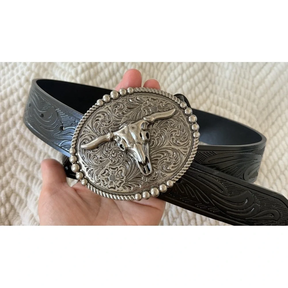 Black Western Cowboy Belt with Silver Longhorn Skull Buckle Waist 42